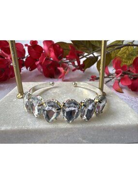 Teardrop Faux Crystal Silver Gold Tone Rhinestone Cuff Bracelet Womens Party NEW